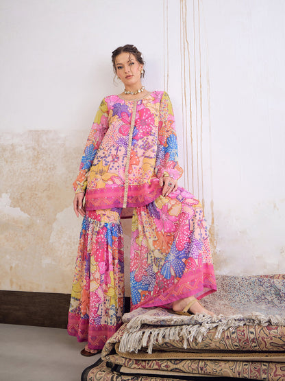 Pink Floral Front Placket Top With Sharara Pants-Shae by SASSAFRAS