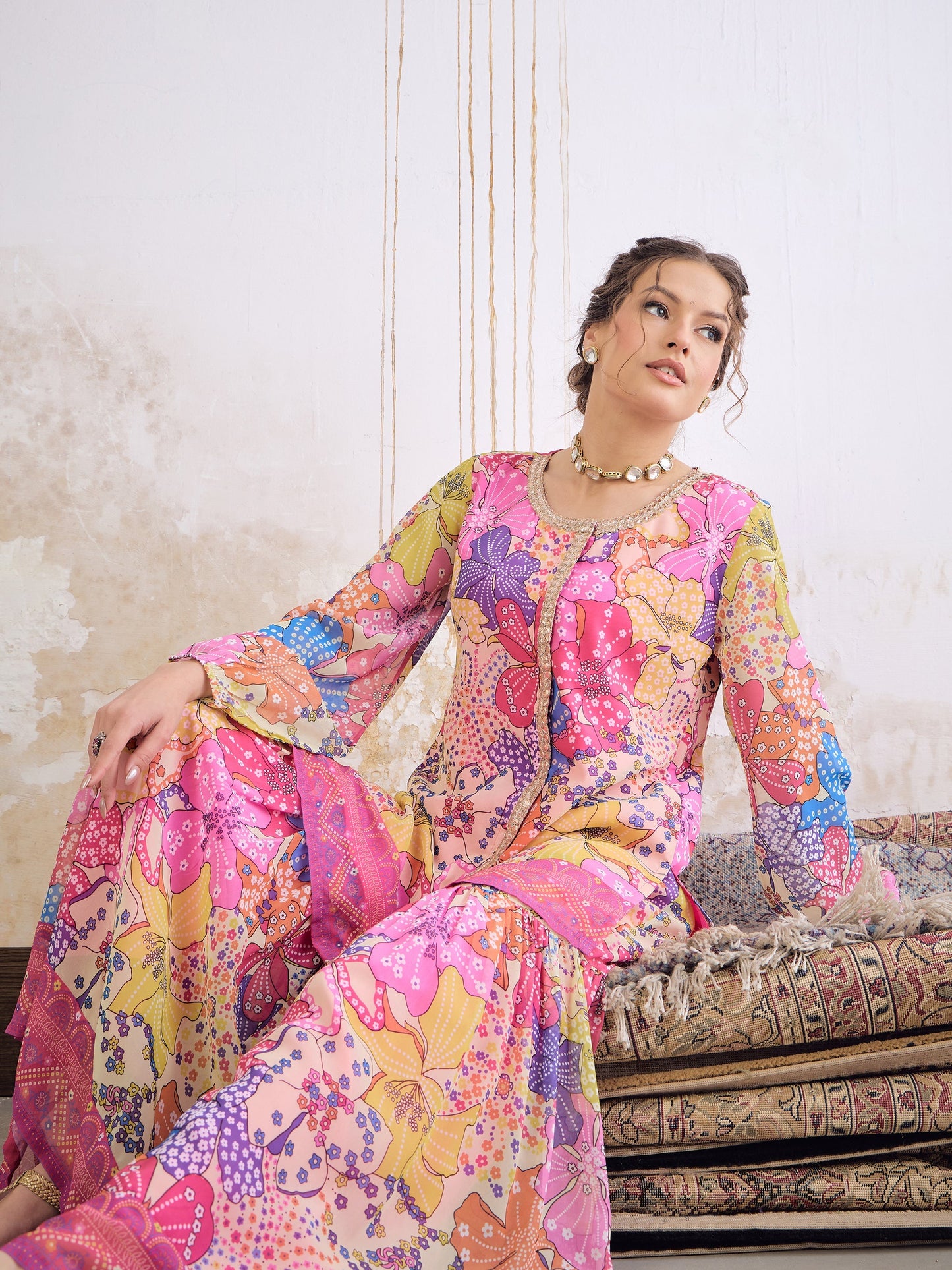 Pink Floral Front Placket Top With Sharara Pants-Shae by SASSAFRAS