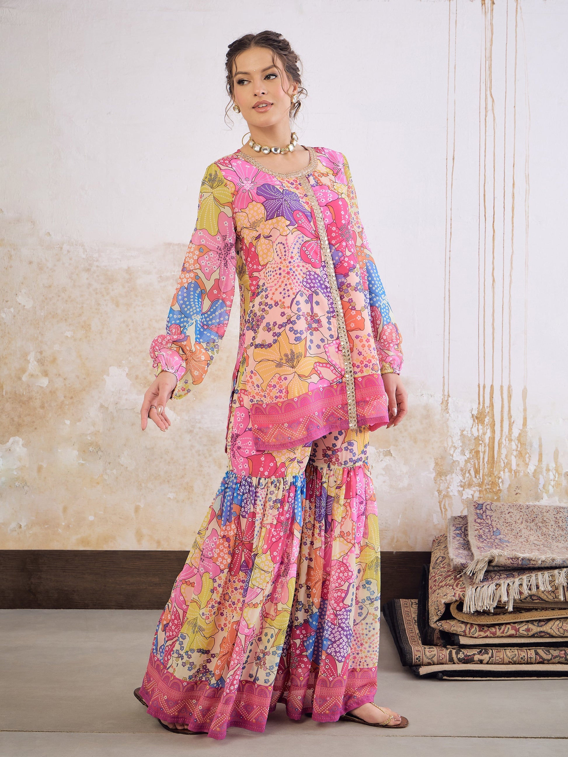Pink Floral Front Placket Top With Sharara Pants-Shae by SASSAFRAS