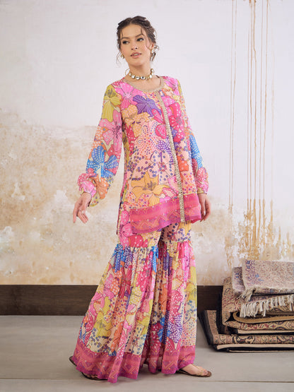 Pink Floral Front Placket Top With Sharara Pants-Shae by SASSAFRAS
