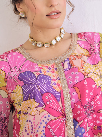 Pink Floral Front Placket Top With Sharara Pants-Shae by SASSAFRAS