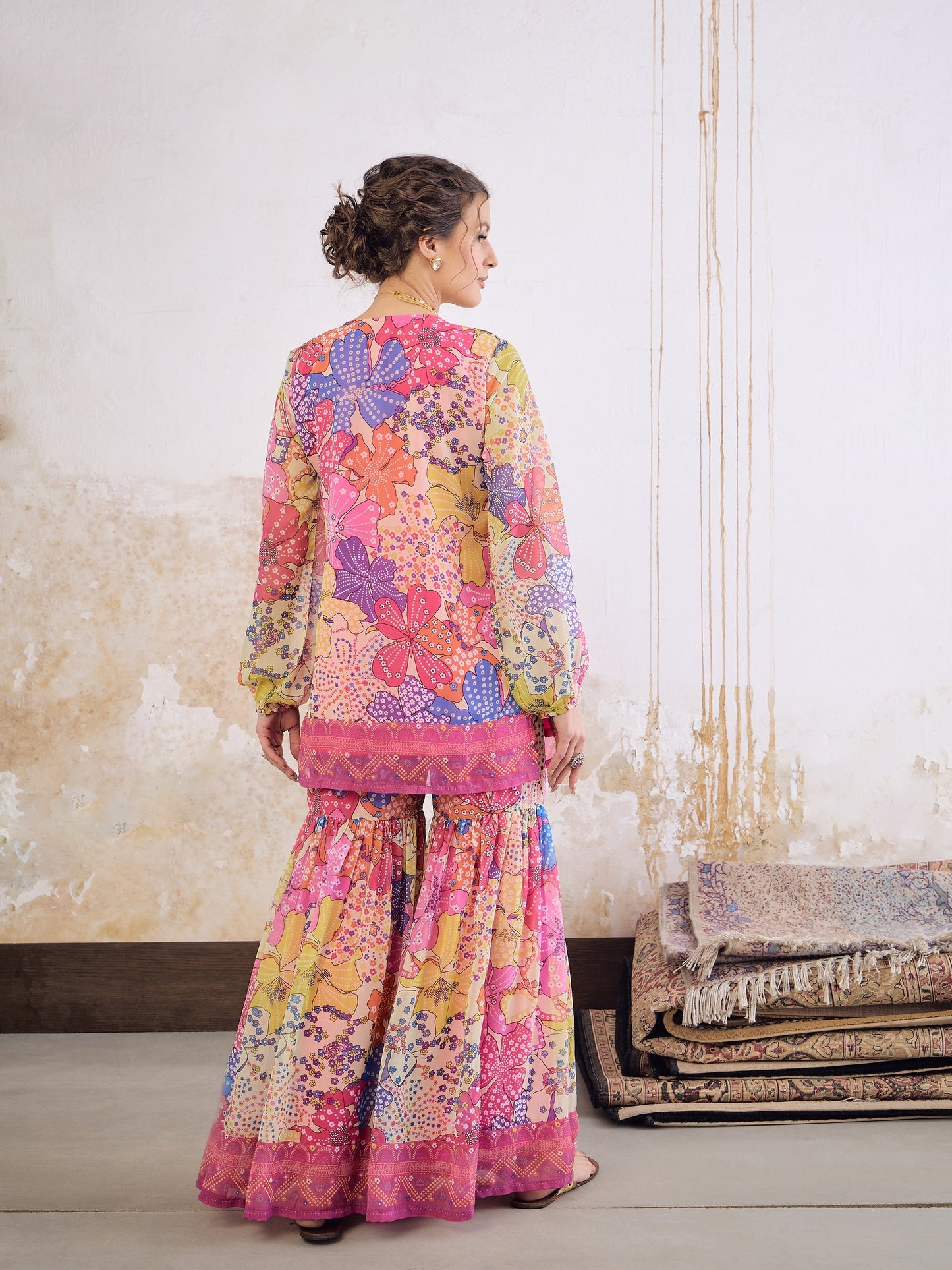 Pink Floral Front Placket Top With Sharara Pants-Shae by SASSAFRAS