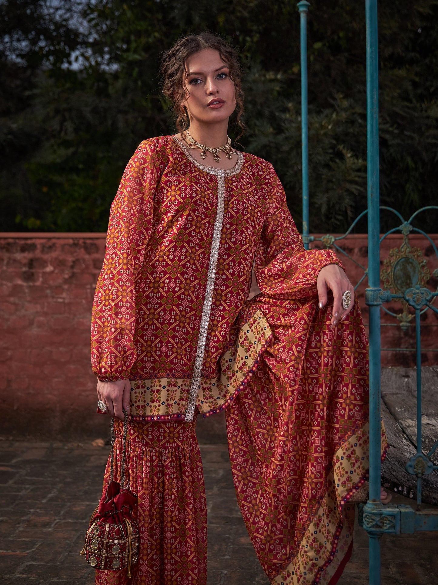 Maroon Floral Front Placket Top With Sharara Pants -Shae by SASSAFRAS