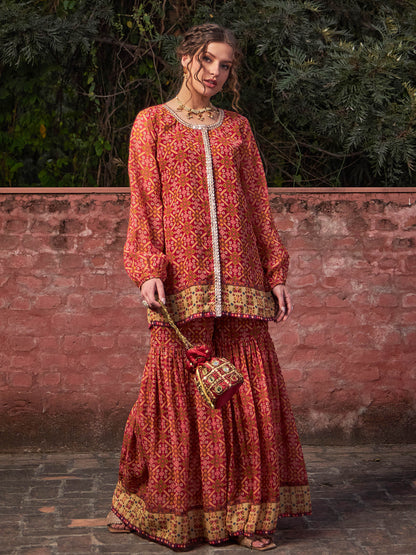 Maroon Floral Front Placket Top With Sharara Pants -Shae by SASSAFRAS