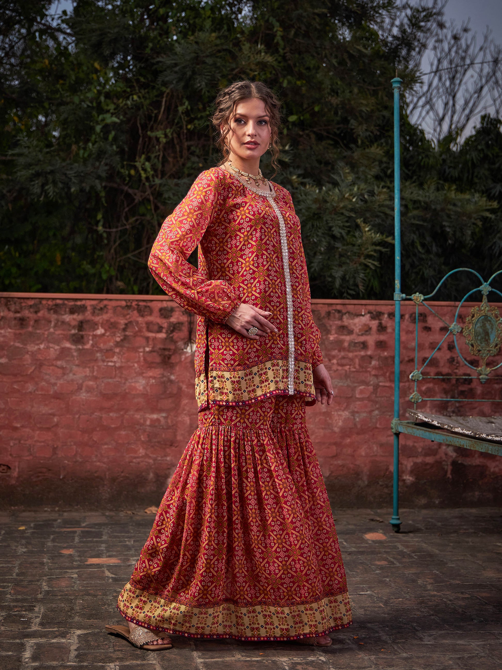 Maroon Floral Front Placket Top With Sharara Pants -Shae by SASSAFRAS