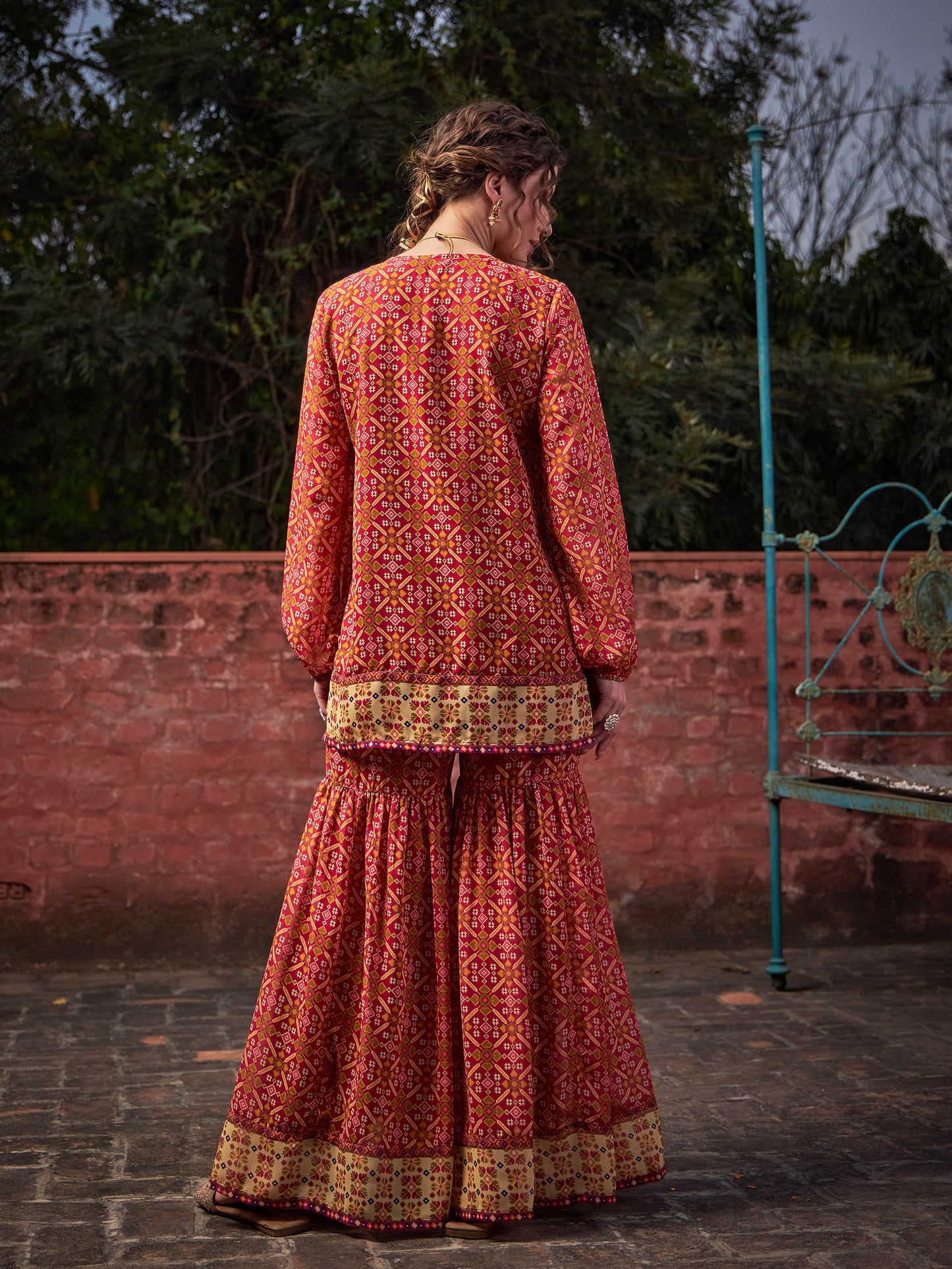 Maroon Floral Front Placket Top With Sharara Pants -Shae by SASSAFRAS