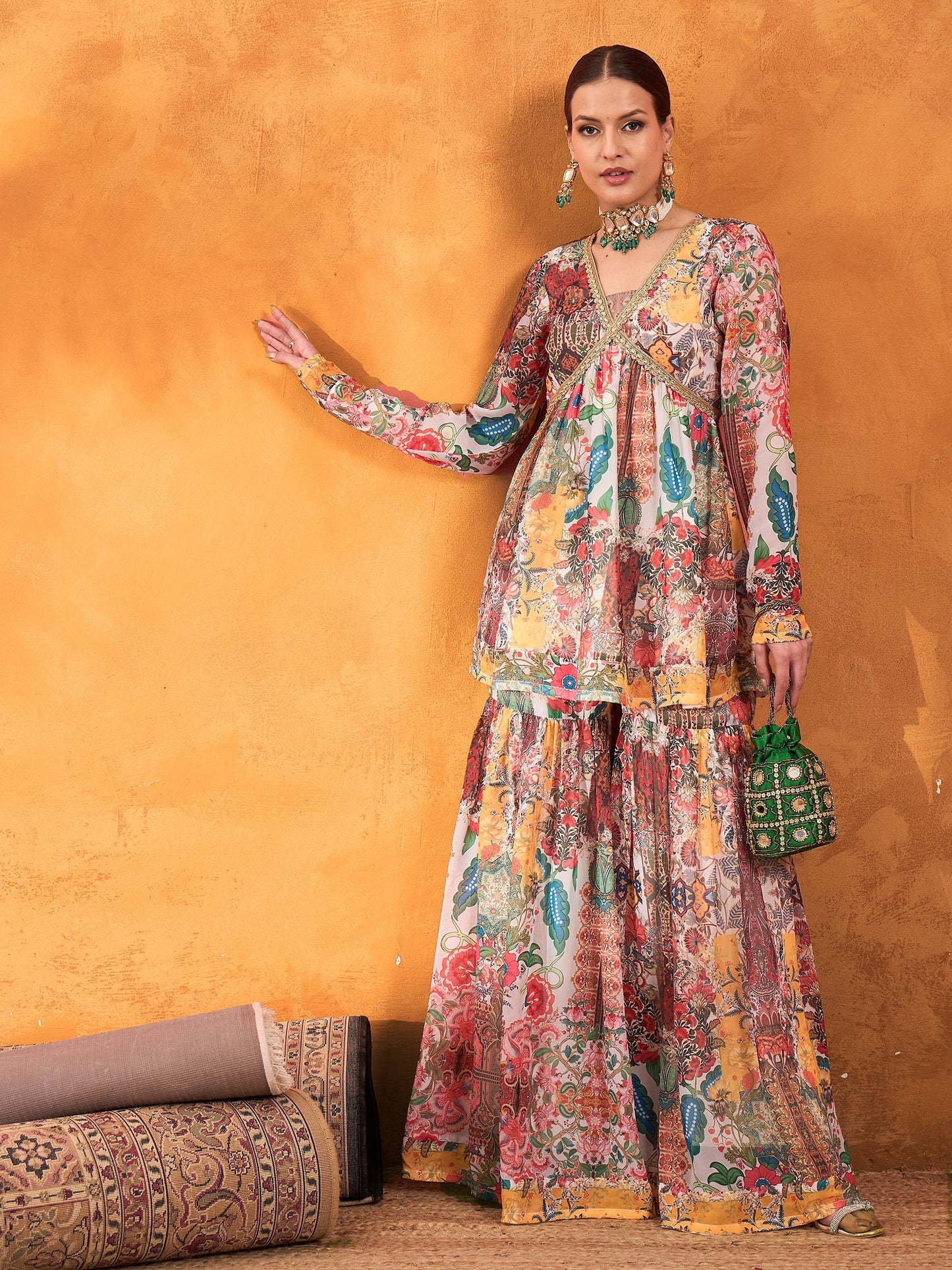 Women White Multi Floral Peplum Top With Sharara Pants