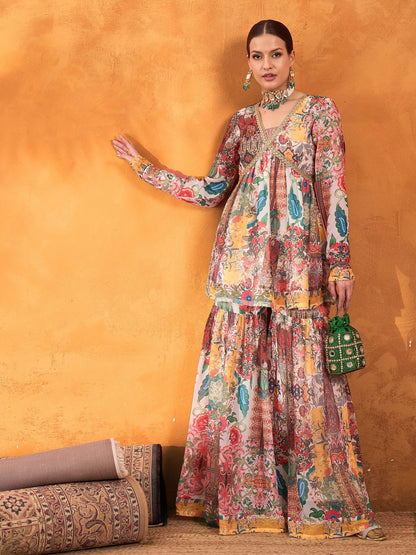 Women White Multi Floral Peplum Top With Sharara Pants