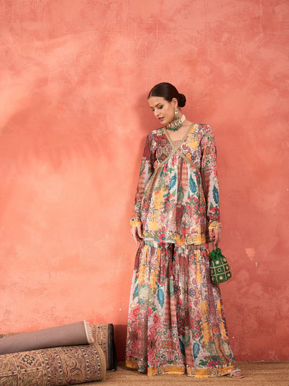 Women White Multi Floral Peplum Top With Sharara Pants