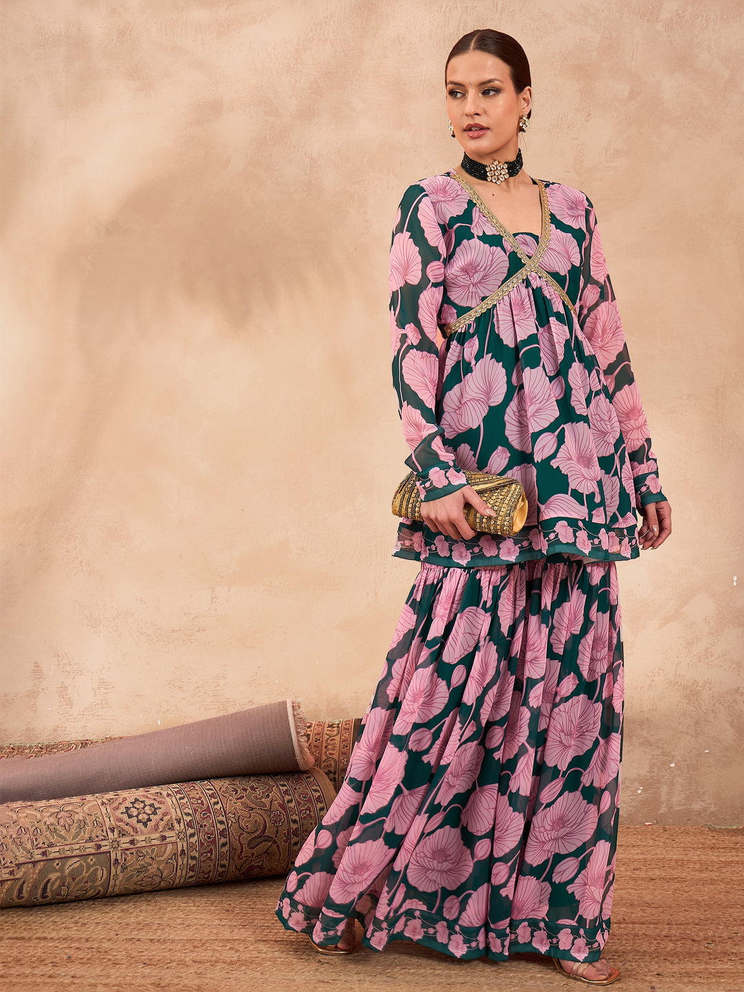 Women's Women Green & Pink Floral Peplum Top With Sharara Pants in Georgette by Shae for wholesale, bulk, supplier, manufacturer and wholesaler buyers from Trendphoria