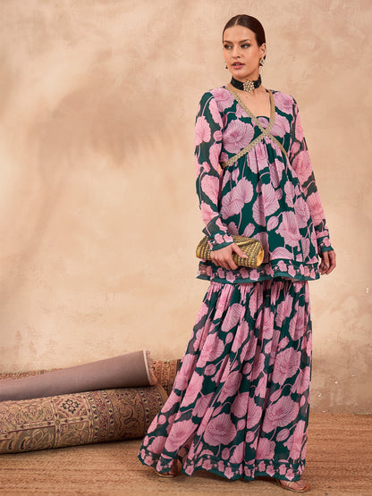Women's Women Green & Pink Floral Peplum Top With Sharara Pants in Georgette by Shae for wholesale, bulk, supplier, manufacturer and wholesaler buyers from Trendphoria