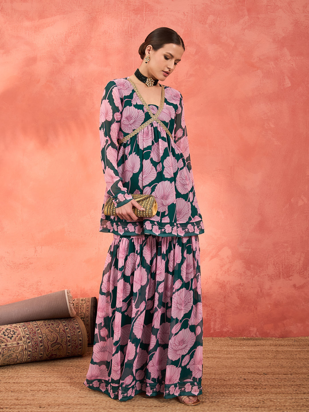 Women Green &amp; Pink Floral Peplum Top With Sharara Pants