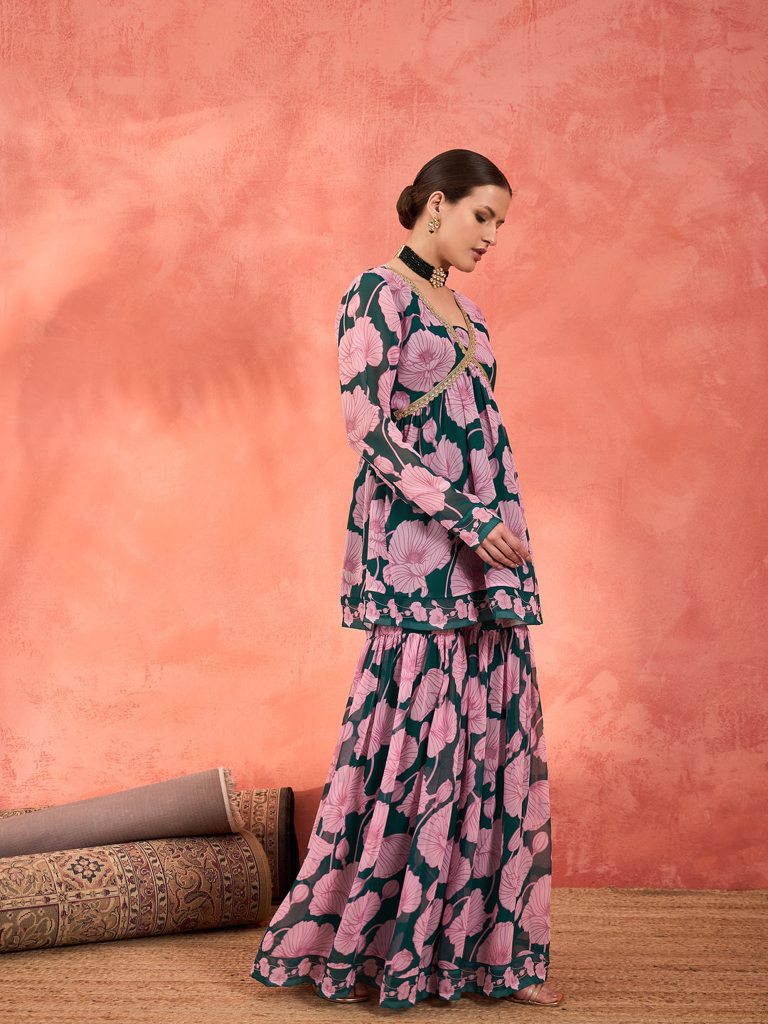 Women Green &amp; Pink Floral Peplum Top With Sharara Pants