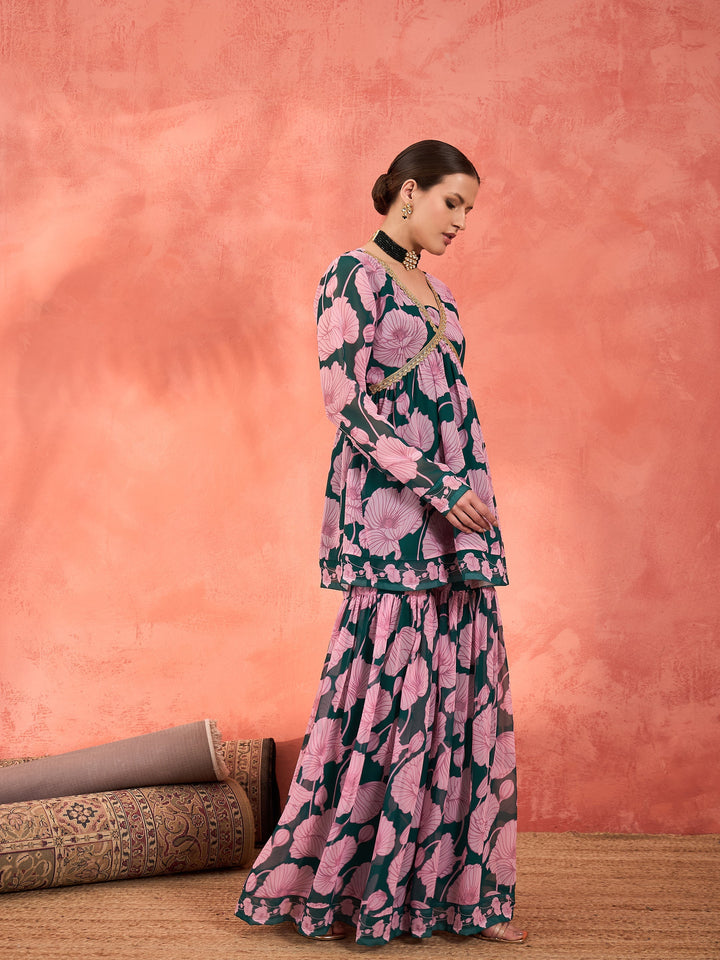 Women Green &amp; Pink Floral Peplum Top With Sharara Pants