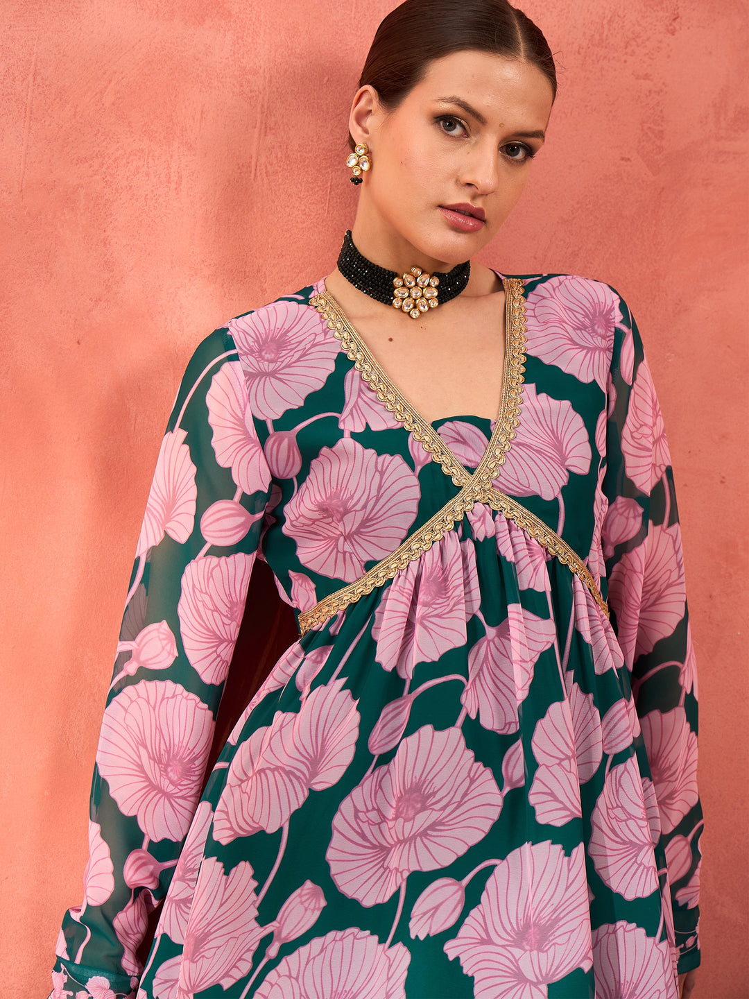 Women Green &amp; Pink Floral Peplum Top With Sharara Pants