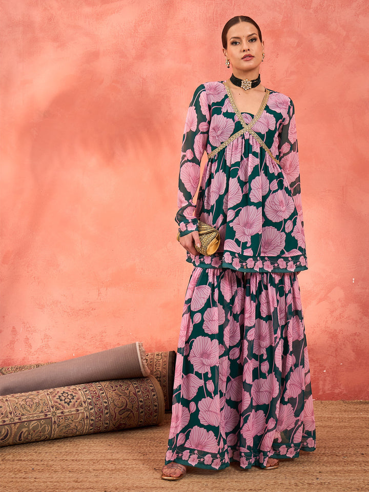 Women Green &amp; Pink Floral Peplum Top With Sharara Pants