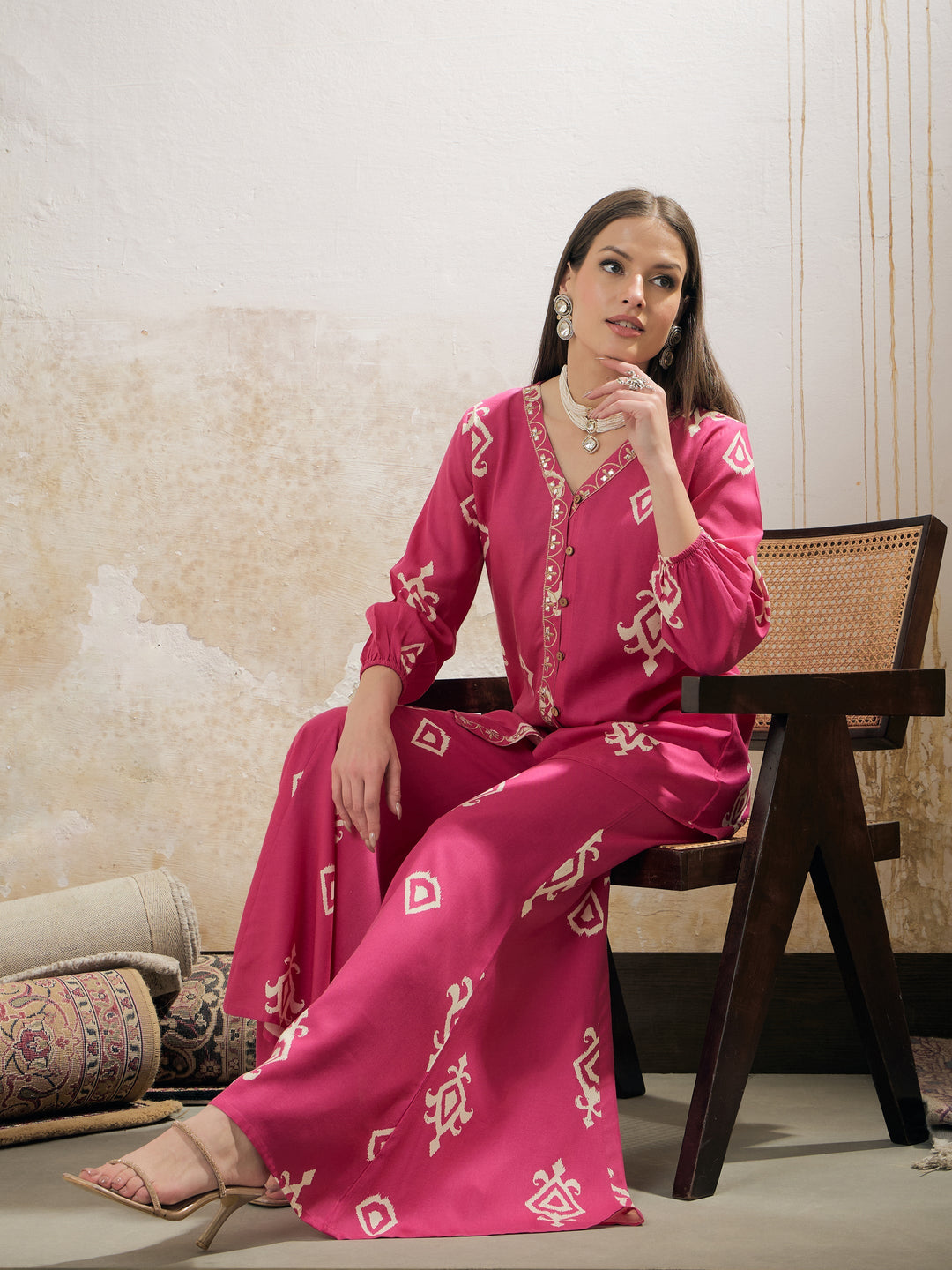 Women Pink &amp; White Ethnic Motif Rayon Shirt With Palazzos