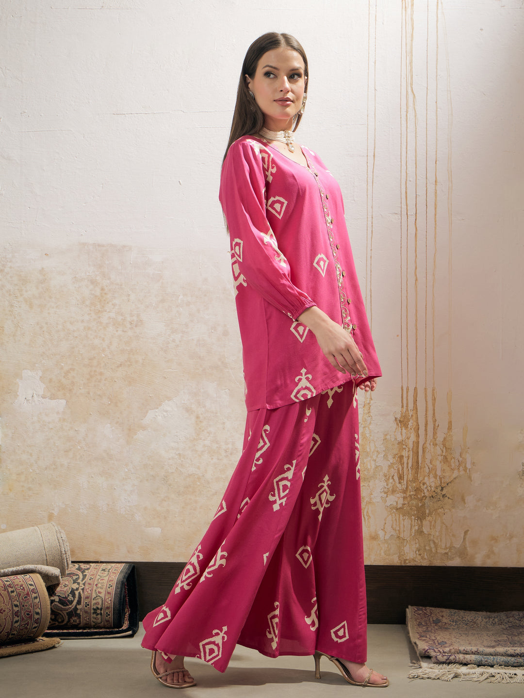 Women Pink &amp; White Ethnic Motif Rayon Shirt With Palazzos