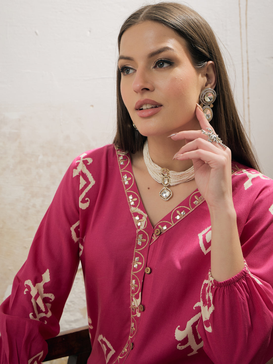 Women Pink &amp; White Ethnic Motif Rayon Shirt With Palazzos