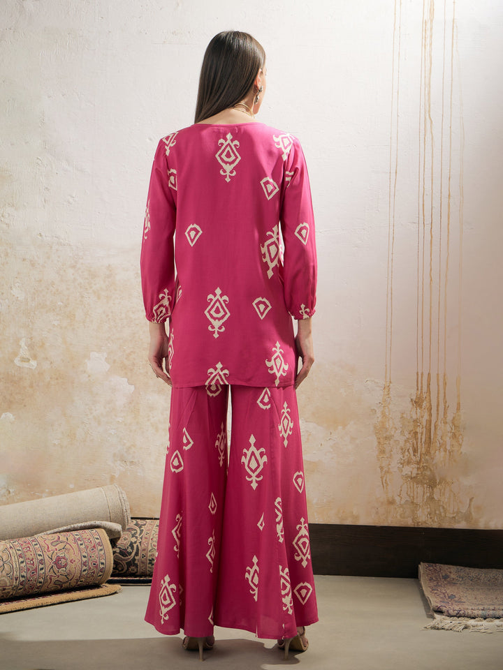 Women Pink &amp; White Ethnic Motif Rayon Shirt With Palazzos