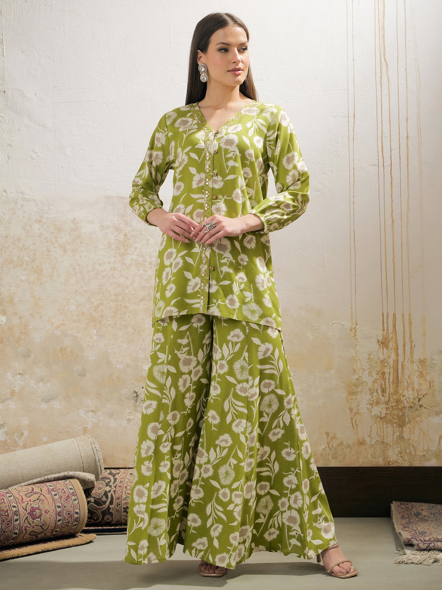 Green & White Floral Rayon Shirt With Palazzos-Shae by SASSAFRAS