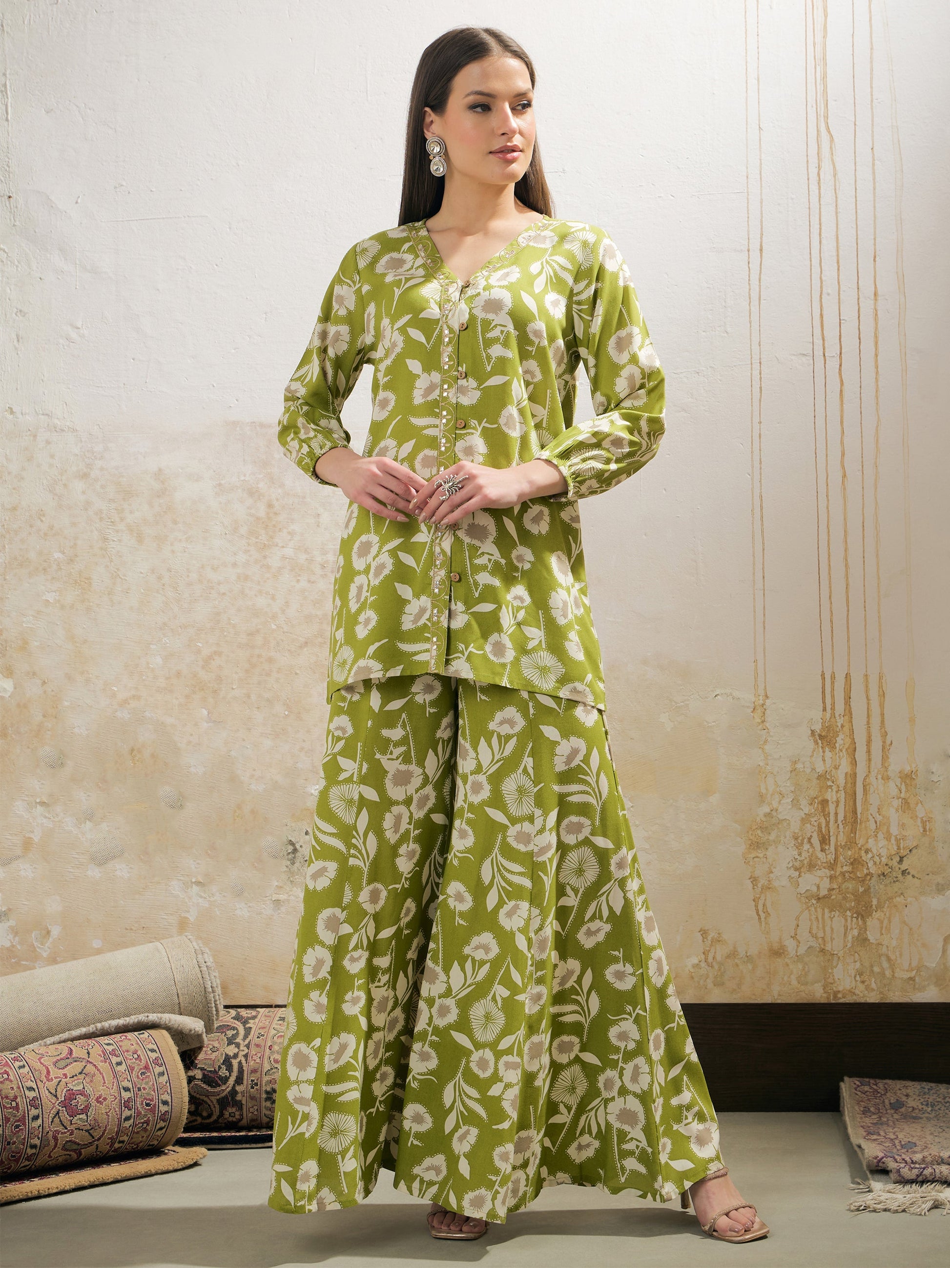 Green & White Floral Rayon Shirt With Palazzos-Shae by SASSAFRAS