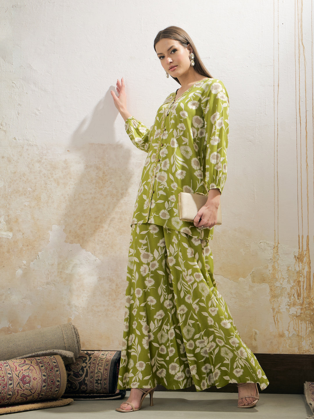 Green &amp; White Floral Rayon Shirt With Palazzos-Shae by SASSAFRAS