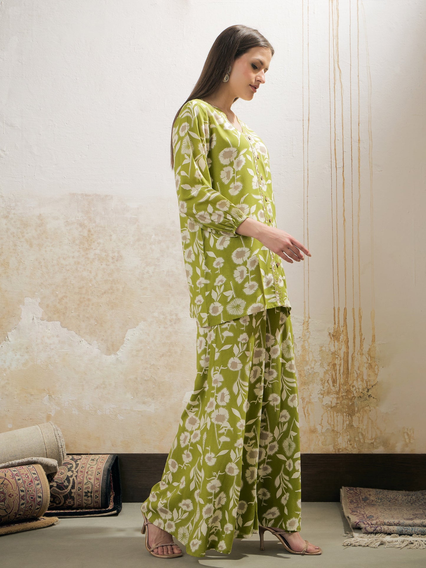 Green & White Floral Rayon Shirt With Palazzos-Shae by SASSAFRAS