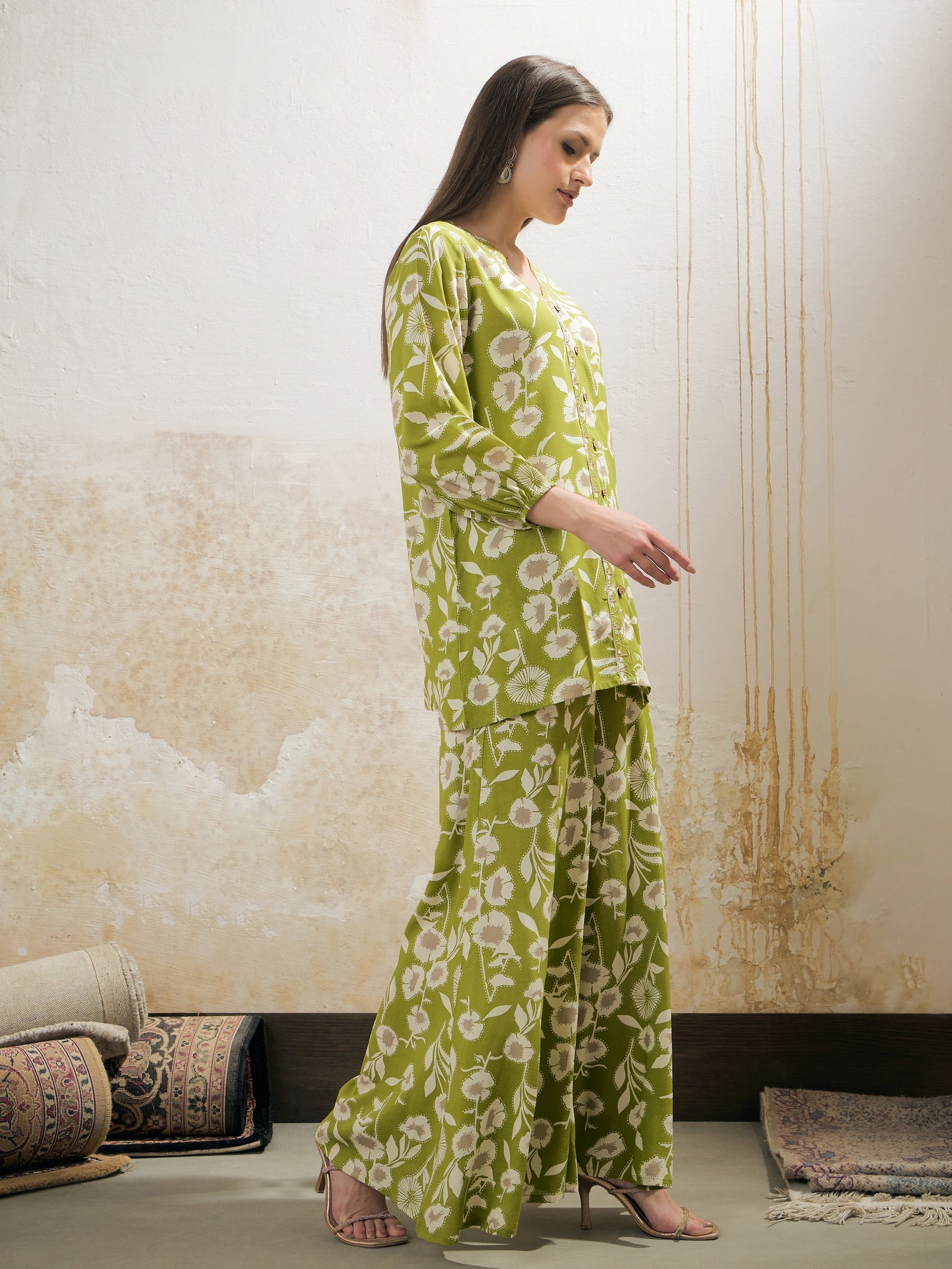 Green & White Floral Rayon Shirt With Palazzos-Shae by SASSAFRAS
