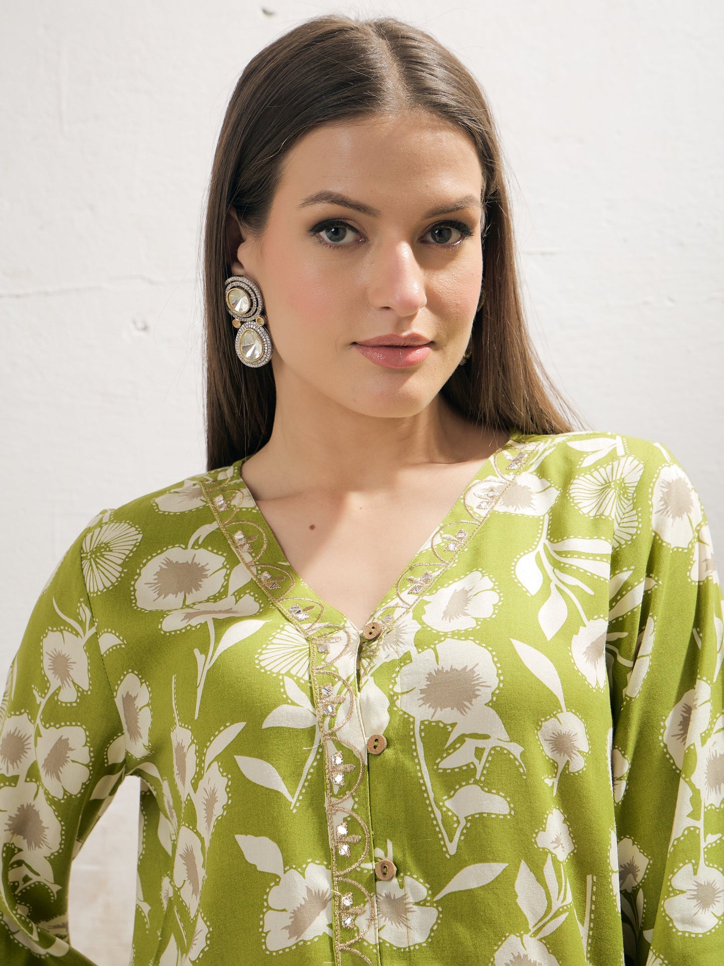 Green & White Floral Rayon Shirt With Palazzos-Shae by SASSAFRAS