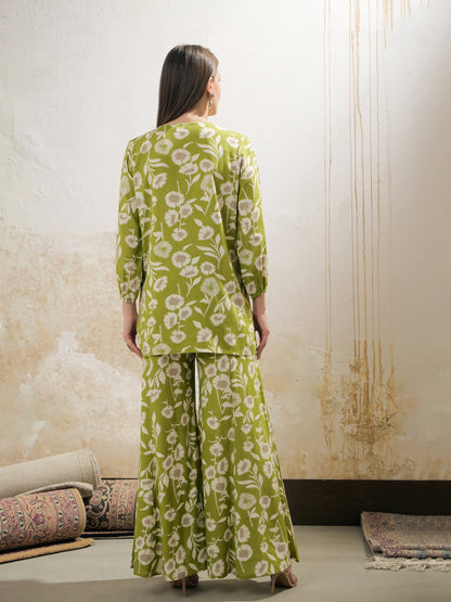 Green & White Floral Rayon Shirt With Palazzos-Shae by SASSAFRAS