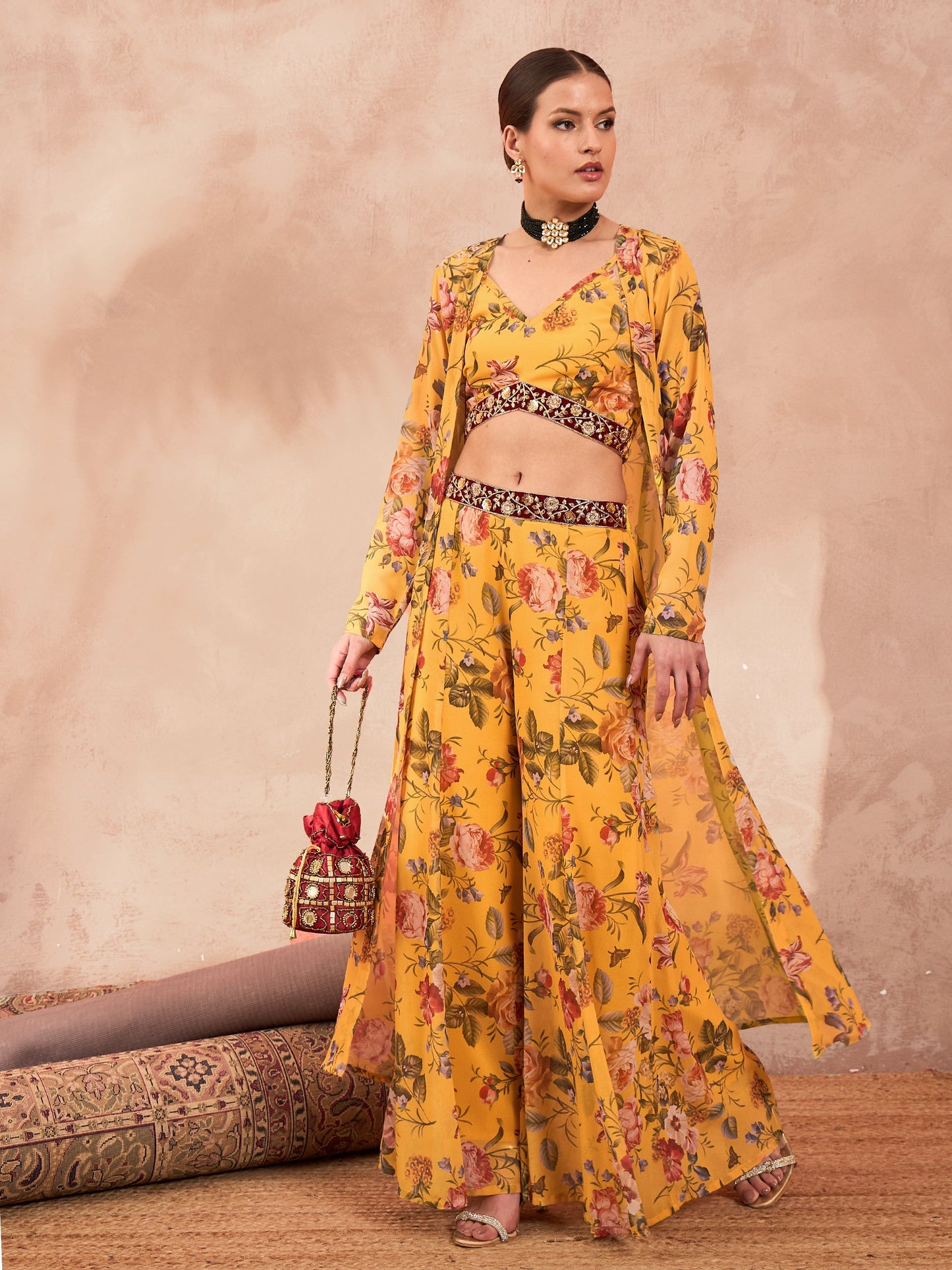 Yellow Floral Crop Top With Palazzo Pants & Shrug