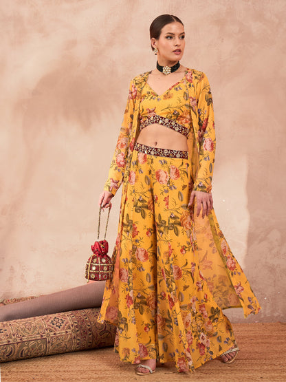 Yellow Floral Crop Top With Palazzo Pants & Shrug