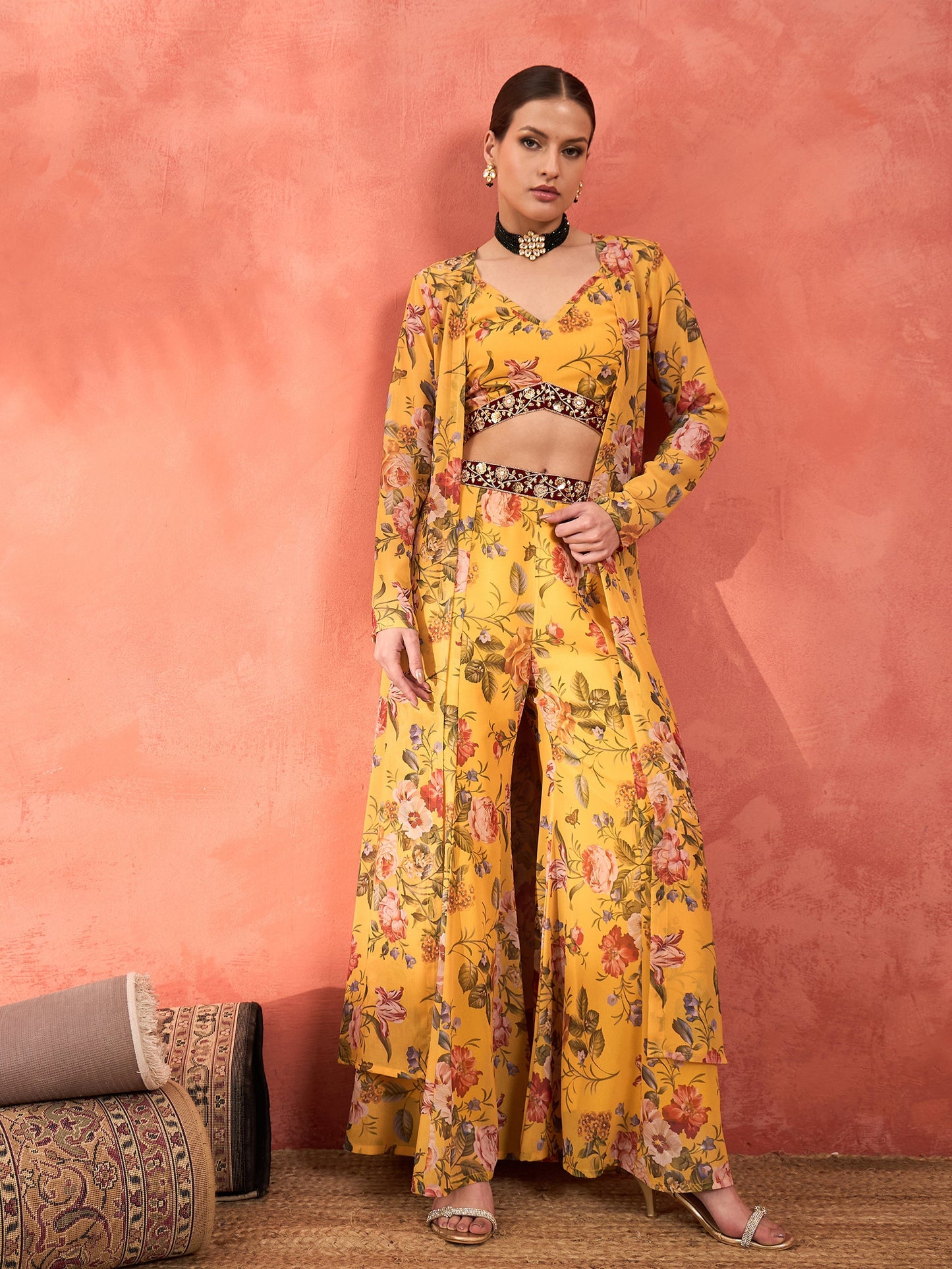 Yellow Floral Crop Top With Palazzo Pants & Shrug