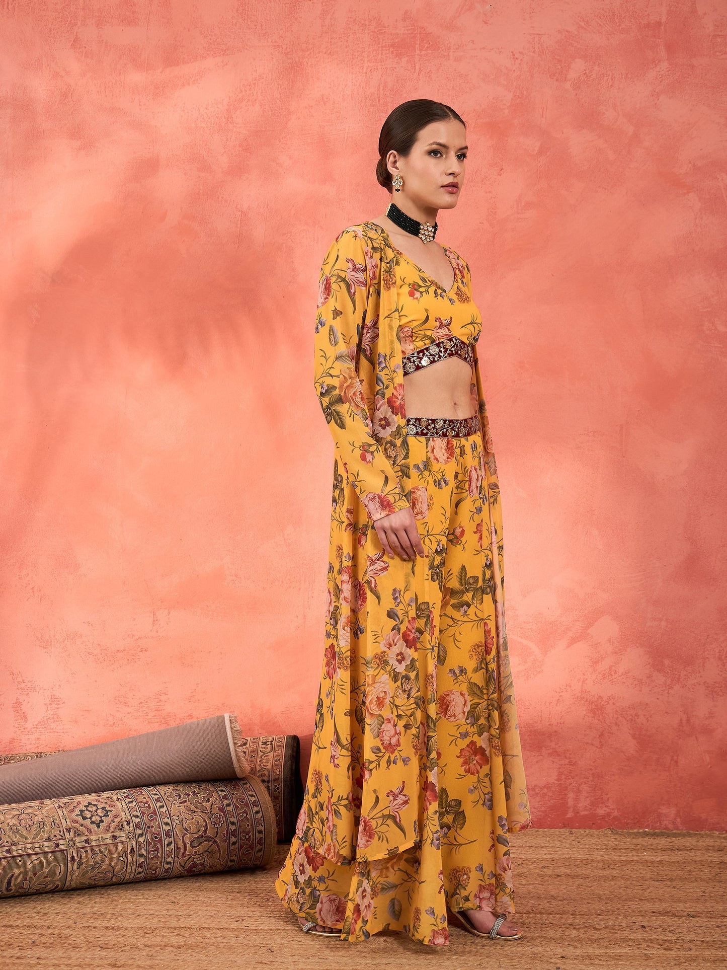 Yellow Floral Crop Top With Palazzo Pants & Shrug