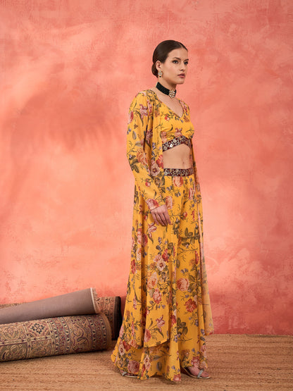 Yellow Floral Crop Top With Palazzo Pants & Shrug