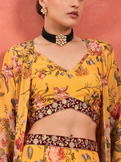 Yellow Floral Crop Top With Palazzo Pants & Shrug