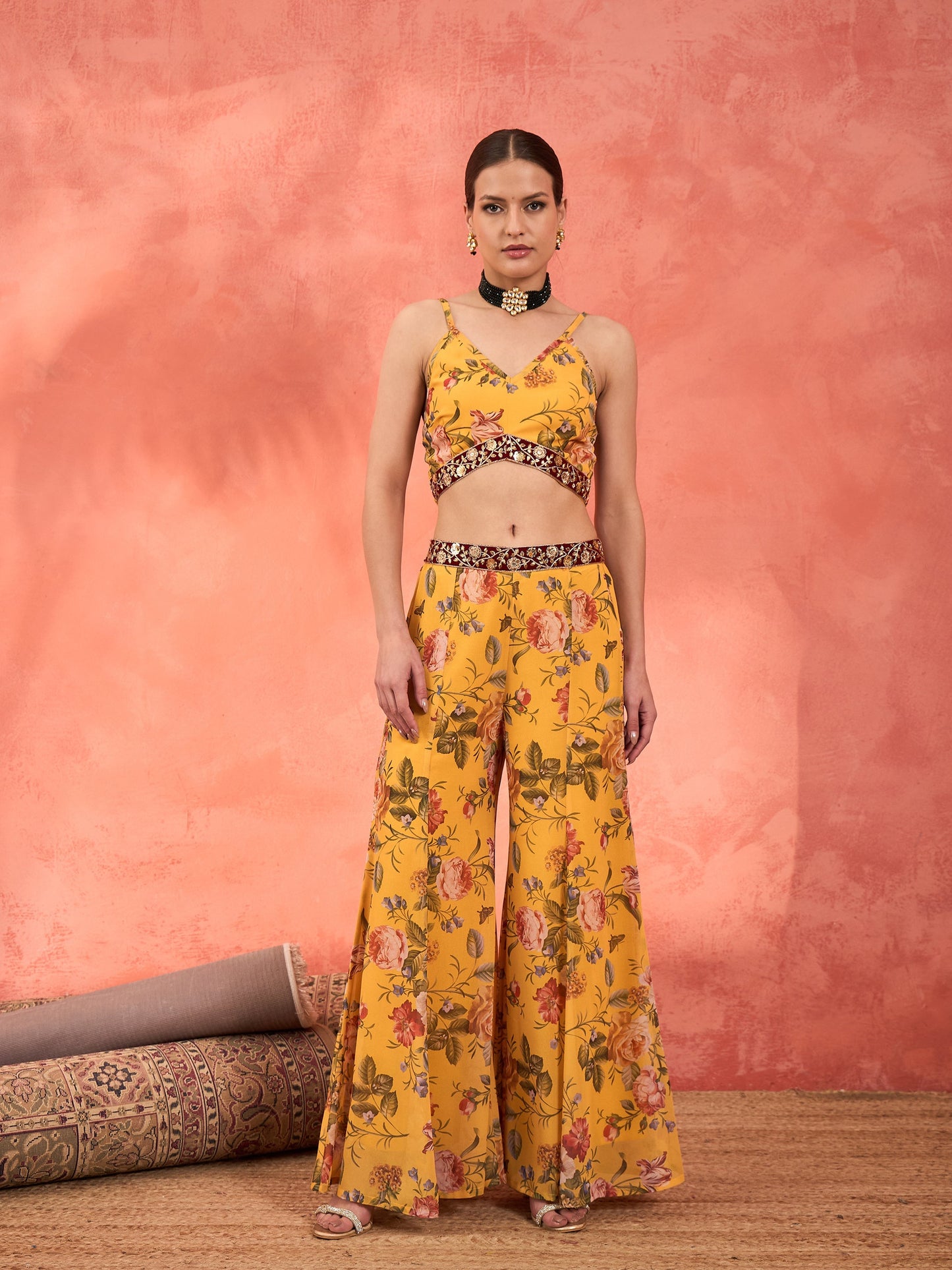 Yellow Floral Crop Top With Palazzo Pants & Shrug