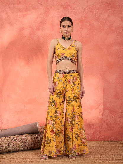 Yellow Floral Crop Top With Palazzo Pants & Shrug