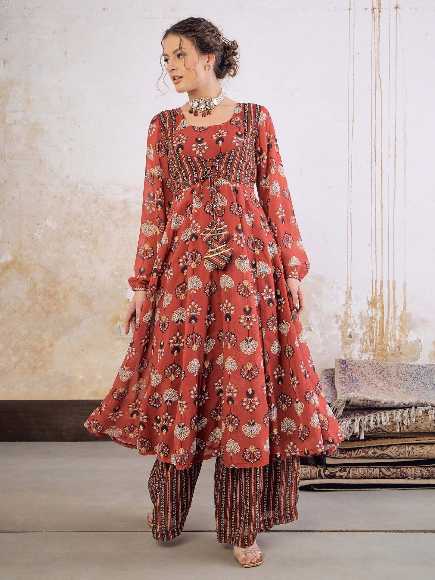 Maroon Floral Front Yoke Anarkali Kurta With Palazzo Pants -Shae by SASSAFRAS