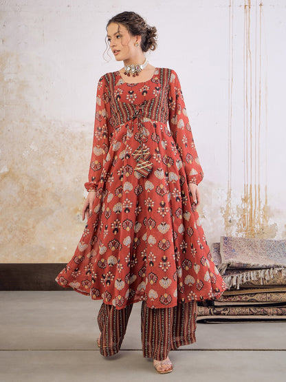 Maroon Floral Front Yoke Anarkali Kurta With Palazzo Pants -Shae by SASSAFRAS