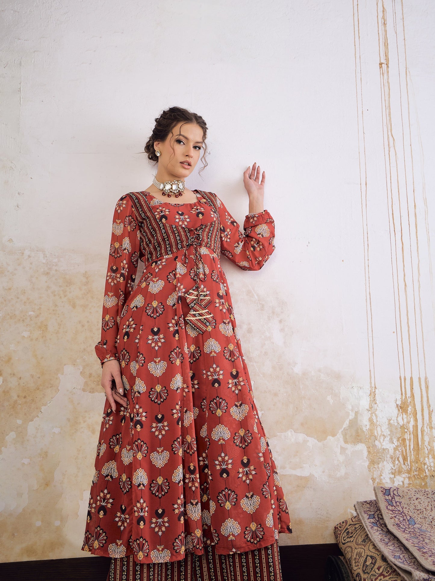 Maroon Floral Front Yoke Anarkali Kurta With Palazzo Pants -Shae by SASSAFRAS