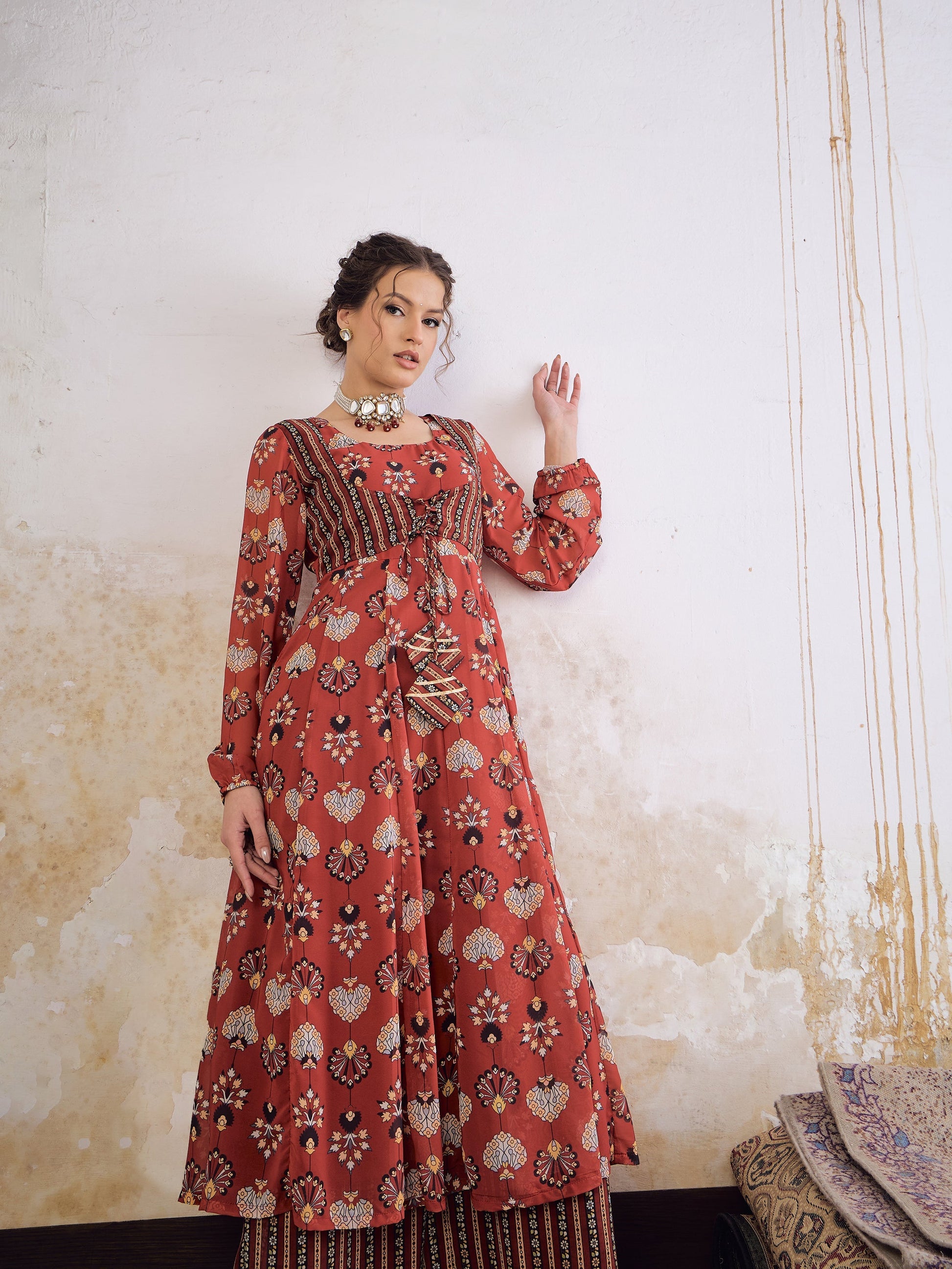 Maroon Floral Front Yoke Anarkali Kurta With Palazzo Pants -Shae by SASSAFRAS