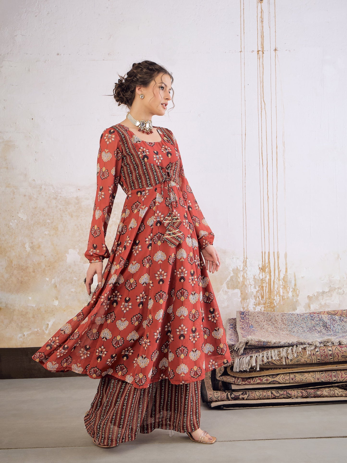 Maroon Floral Front Yoke Anarkali Kurta With Palazzo Pants -Shae by SASSAFRAS