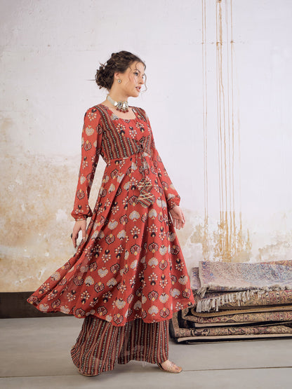 Maroon Floral Front Yoke Anarkali Kurta With Palazzo Pants -Shae by SASSAFRAS