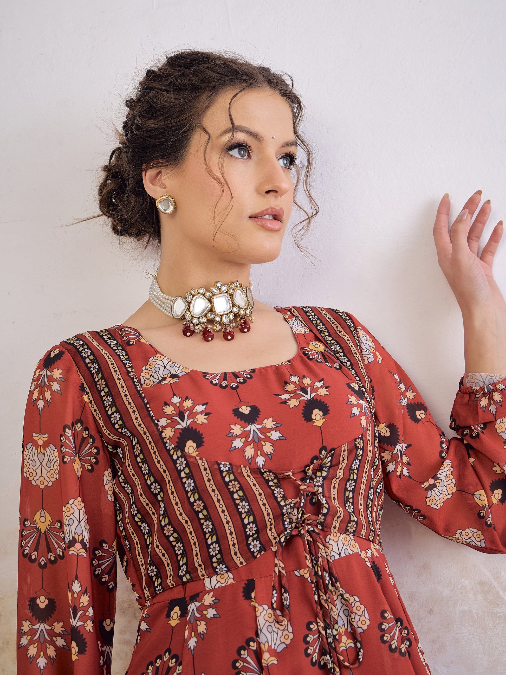 Maroon Floral Front Yoke Anarkali Kurta With Palazzo Pants -Shae by SASSAFRAS