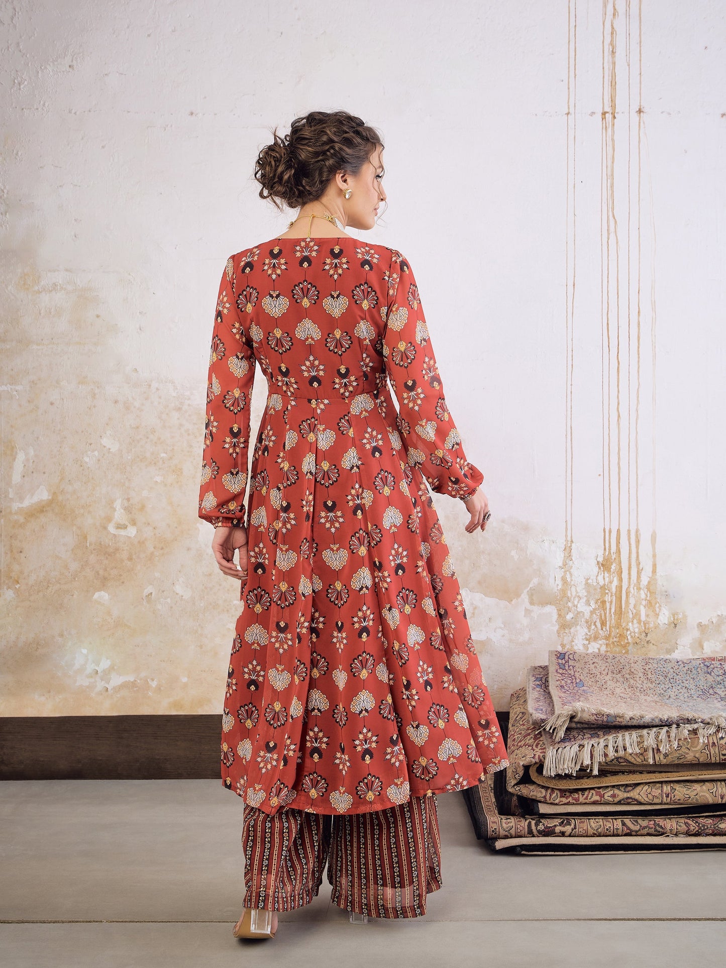 Maroon Floral Front Yoke Anarkali Kurta With Palazzo Pants -Shae by SASSAFRAS