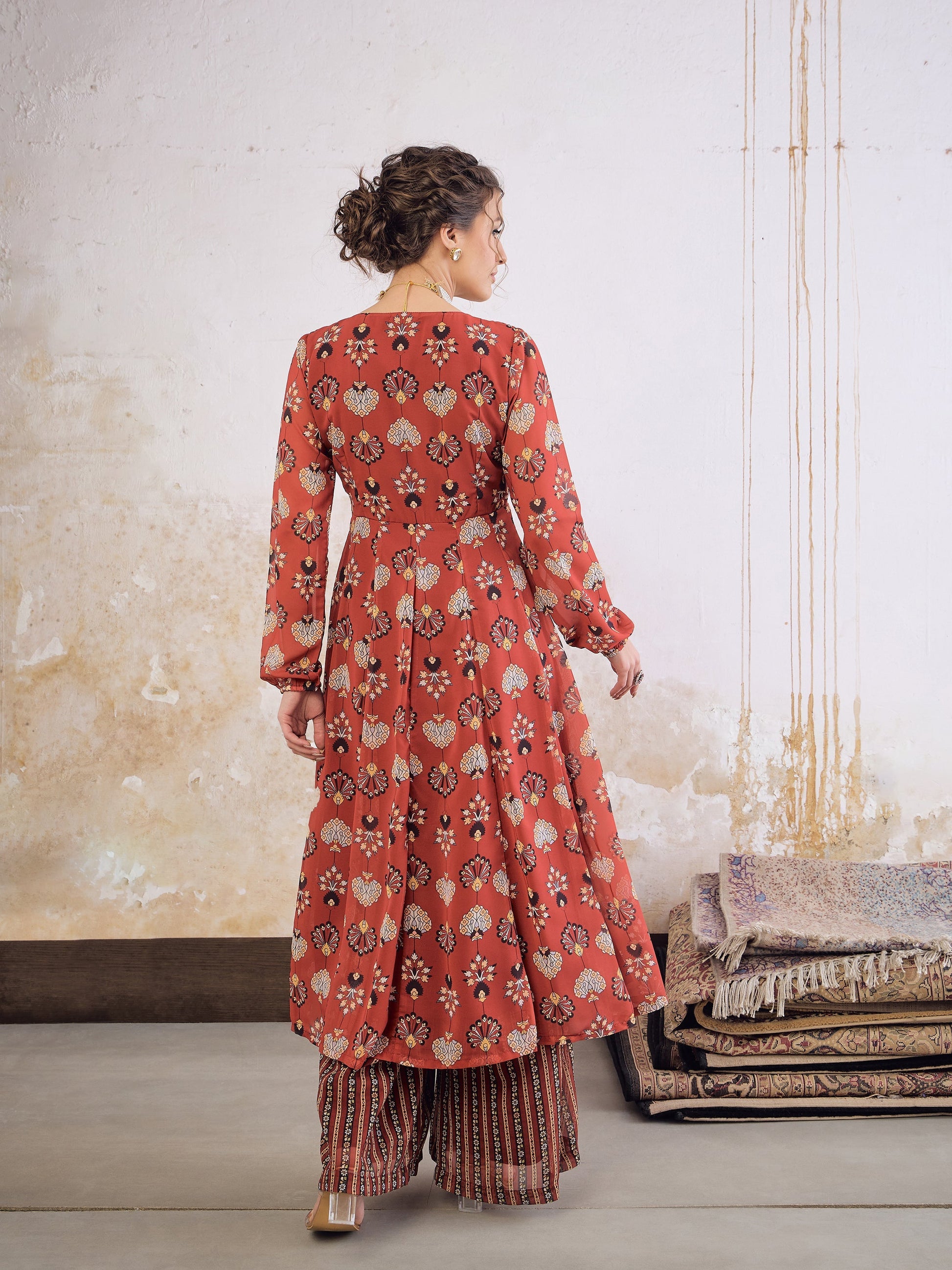Maroon Floral Front Yoke Anarkali Kurta With Palazzo Pants -Shae by SASSAFRAS