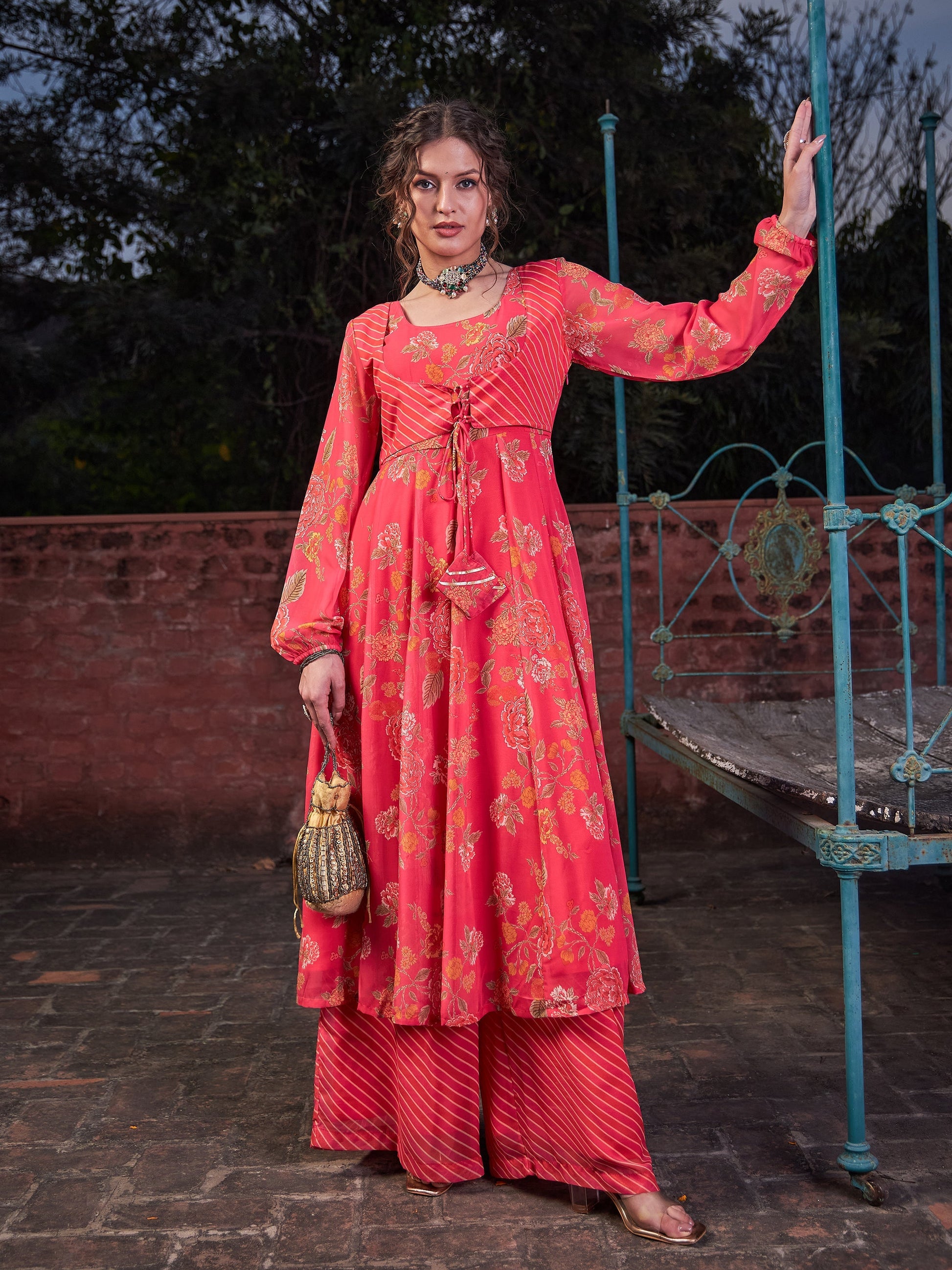 Pink Floral Front Yoke Anarkali Kurta With Palazzo Pants -Shae by SASSAFRAS