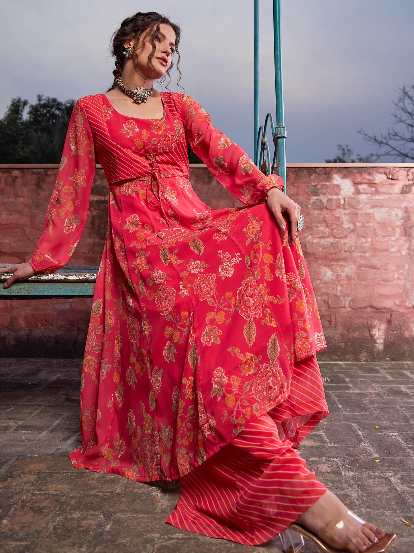 Pink Floral Front Yoke Anarkali Kurta With Palazzo Pants -Shae by SASSAFRAS
